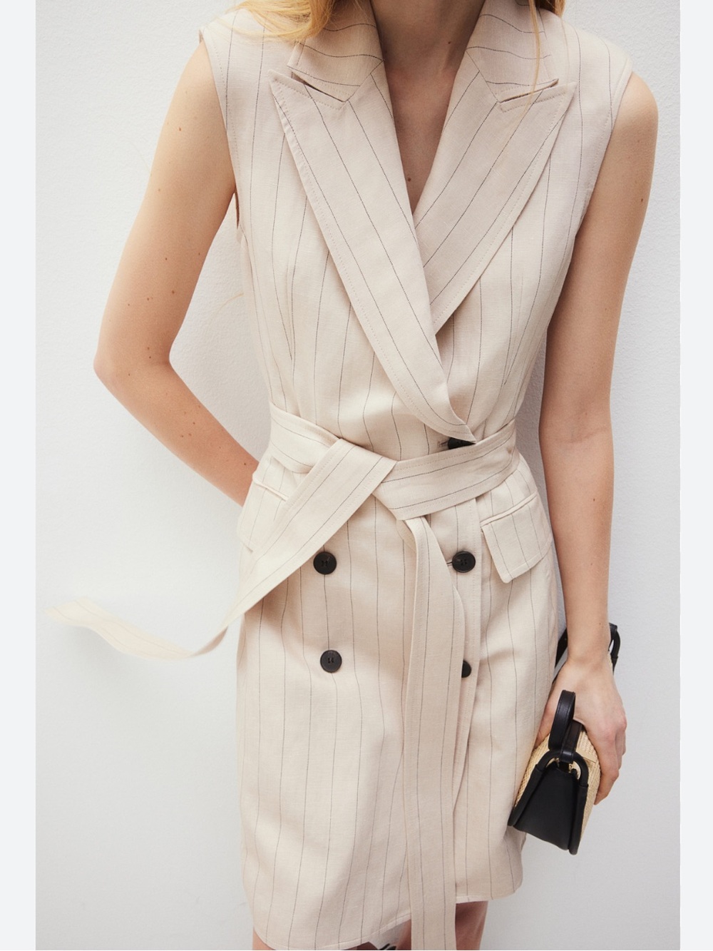 H&M Linen Sleeveless Pinstripe Wrap Blazer Dress - Cream Size Small Academia
